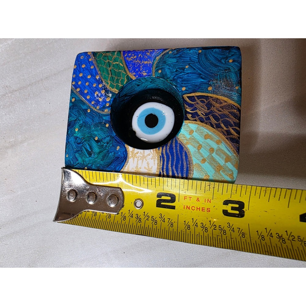 Hand Painted Wooden Evil Eye Nazar Decor Blue Gold Abstract Signed Art Block F1 - Picture 5 of 16